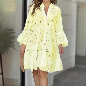 Женское весенне-летнее однотонное платье с V-образным вырезом, свободное, с вышивкой, ажурным кружевом и цветочным принтом, сексуальное платье S белый