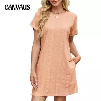 Женское весенне-летнее однотонное платье с круглым вырезом, свободным коротким рукавом и карманом S чёрный