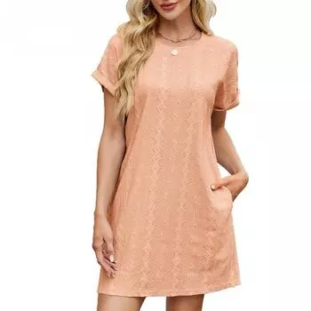 Женское весенне-летнее однотонное платье с круглым вырезом, свободным коротким рукавом и карманом S чёрный