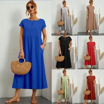 Женское весенне-летнее однотонное свободное плиссированное платье из хлопка и льна с короткими рукавами и карманами с круглым вырезом XXL чёрный
