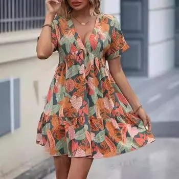 Женское весенне-летнее однотонное свободное плиссированное платье с V-образным вырезом S