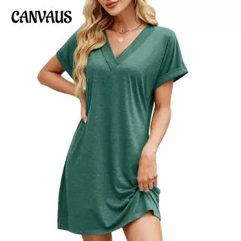 Женское весенне-летнее однотонное свободное повседневное платье с V-образным вырезом и короткими рукавами S чёрный