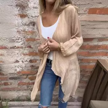 Женское весенне-летнее пальто-кардиган с длинным рукавом, повседневное длинное пальто с передней планкой, сплошной цвет M абрикосовый