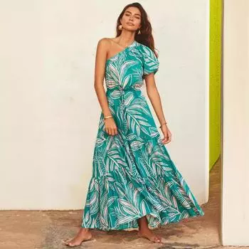 Женское весенне-летнее платье без бретелек на одно плечо с принтом длиной до щиколотки с v-образным вырезом и высокой талией S зелёный