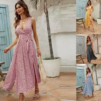 Женское весенне-летнее платье из Европы и Америки с V-образным вырезом и длинной юбкой с цветочным принтом L синий