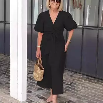 Женское весенне-летнее платье из хлопка с V-образным вырезом, на шнуровке, с рукавами-фонариками, повседневные платья S чёрный