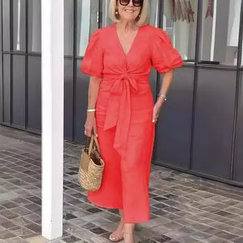 Женское весенне-летнее платье из хлопка с V-образным вырезом, на шнуровке, с рукавами-фонариками, повседневные платья S розовый