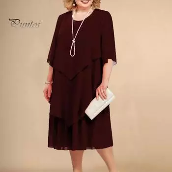 Женское весенне-летнее платье миди с круглым вырезом и половиной рукавов, многослойное подол, струящееся платье, праздничное свадебное платье для гостей L вино красного