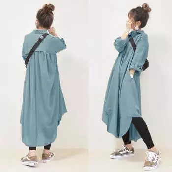 Женское весенне-летнее платье-рубашка с длинными рукавами и карманами, простое, свободное, длинное, из хлопка и льна One size синий