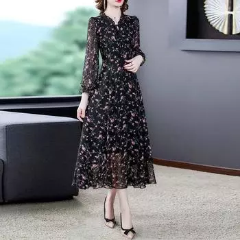 Женское весенне-летнее платье с цветочным принтом, шифоновая вуаль с принтом, полная длина, повседневная одежда L-XXXXXL, большой размер XXXXXL