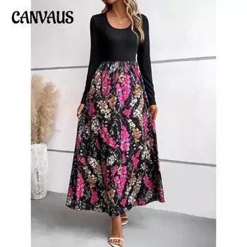 Женское весенне-летнее платье с цветочным принтом и длинными рукавами с цветными блоками S чёрный