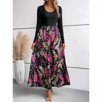 Женское весенне-летнее платье с цветочным принтом и длинными рукавами с цветными блоками S чёрный