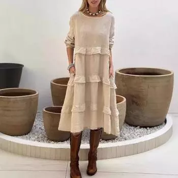 Женское весенне-летнее платье с длинными рукавами, круглым вырезом и оборками S красный