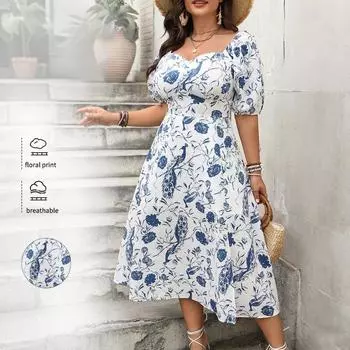 Женское весенне-летнее платье с французским принтом, праздничное платье с квадратным воротником 1XL белый