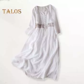 Женское весенне-летнее платье с круглым вырезом в этническом стиле с вышивкой и длинным рукавом с высокой талией трапециевидной формы Половинное однобортное сплошное цветное двухслойное платье миди M белый