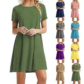 Женское весенне-летнее платье с круглым вырезом и коротким рукавом, большое свободное однотонное платье L