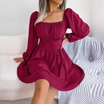 Женское весенне-летнее платье с квадратным вырезом, сплошной цвет, деревянный край уха, высокая талия, большое распашное платье S