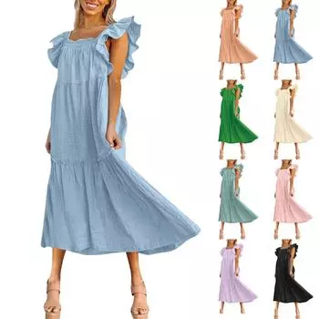 Женское весенне-летнее платье с квадратным вырезом и открытыми плечами, элегантное платье с юбкой с рюшами L бежевый