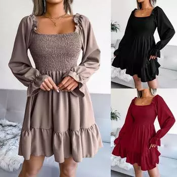 Женское весенне-летнее платье с квадратным вырезом, расклешенным длинным рукавом и рюшами L чёрный