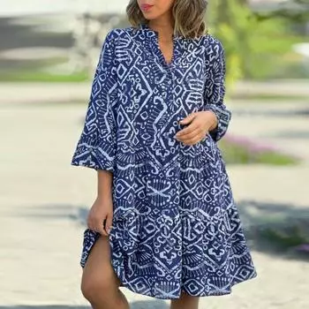 Женское весенне-летнее платье с рукавами три четверти, сочетающееся по цвету с геометрическим принтом, трапециевидное лоскутное платье со свободным подолом и V-образным вырезом, богемное платье миди S абрикосовый