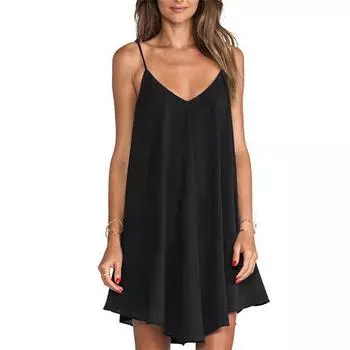 Женское весенне-летнее платье с V-образным вырезом, сплошное шифоновое платье без рукавов, сексуальное платье на бретельках XXL чёрный