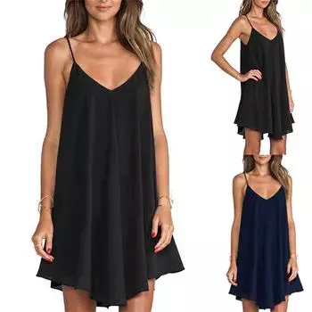 Женское весенне-летнее платье с V-образным вырезом, сплошное шифоновое платье без рукавов, сексуальное платье на бретельках XXL чёрный