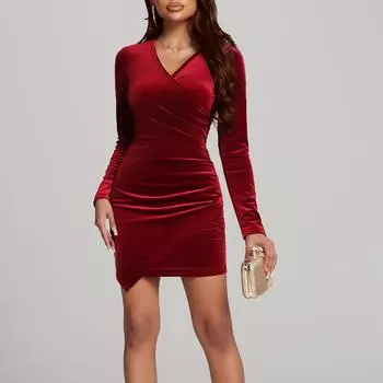 Женское весенне-летнее платье с V-образным вырезом и рукавами на бретелях L винный