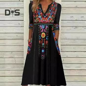 Женское весенне-летнее платье с V-образным вырезом, рукавами три четверти, в стиле ретро, этническим принтом, в стиле бохо, с А-силуэтом, свободным подолом, карманами, длиной до середины голени, платье-миди 2XL синий