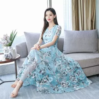 Женское весенне-летнее платье с V-образным вырезом больших размеров из шифона с принтом, тонкие пляжные платья для активного отдыха 5XL