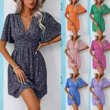 Женское весенне-летнее платье с V-образным вырезом, средними рукавами, цветочным принтом, высокой талией и плиссировкой S