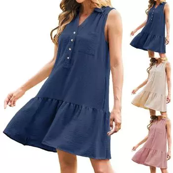 Женское весенне-летнее платье-сарафан без рукавов с V-образным вырезом на пуговицах, повседневное платье-майка с карманами L чёрный