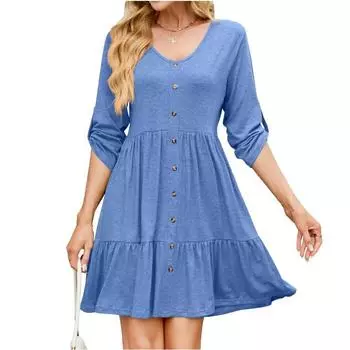 Женское весенне-летнее платье свободного кроя с V-образным вырезом, длинными рукавами, одним рядом пуговиц S чёрный