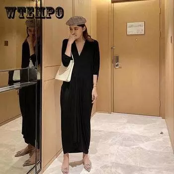 Женское весенне-летнее платье свободного размера с рукавами «летучая мышь» и V-образным вырезом, тонкое однотонное платье One Size