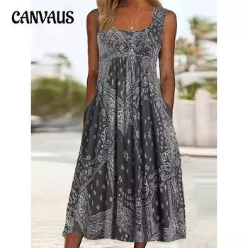 Женское весенне-летнее платье-жилет свободного покроя в праздничном стиле с U-образным вырезом и принтом без рукавов XL серый