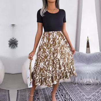 Женское весенне-летнее плиссированное длинное платье с круглым вырезом и коротким рукавом с леопардовым узором и высокой талией S