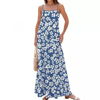 Женское весенне-летнее повседневное модное длинное платье с регулируемыми подтяжками и принтом L синий