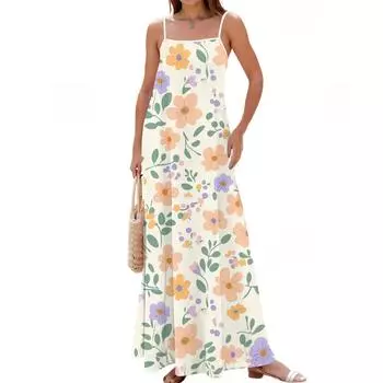 Женское весенне-летнее повседневное модное длинное платье с регулируемыми подтяжками и принтом L