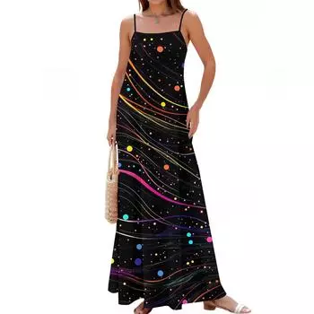 Женское весенне-летнее повседневное модное длинное платье с регулируемыми подтяжками и принтом L чёрный