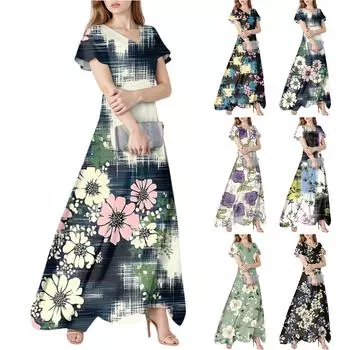 Женское весенне-летнее повседневное модное платье с цветочным принтом и коротким рукавом, V-образный вырез L синий