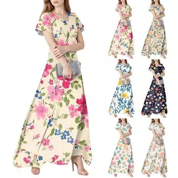 Женское весенне-летнее повседневное модное платье с цветочным принтом и коротким рукавом, V-образный вырез M оранжевый