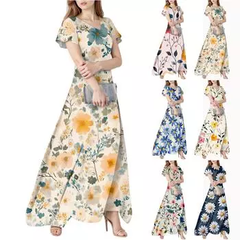 Женское весенне-летнее повседневное модное платье с цветочным принтом и коротким рукавом, V-образный вырез XXL белый