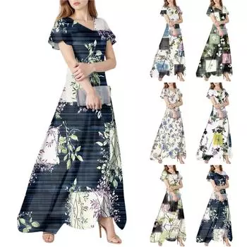 Женское весенне-летнее повседневное модное платье с цветочным принтом и коротким рукавом, V-образный вырез XL