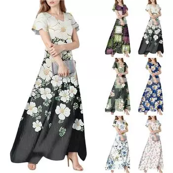 Женское весенне-летнее повседневное модное платье с цветочным принтом и коротким рукавом, V-образный вырез XXL