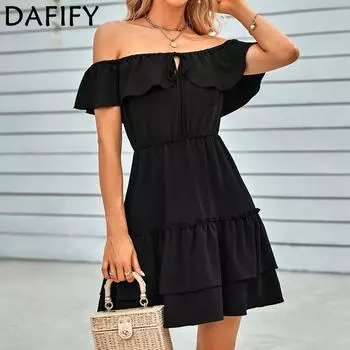 Женское весенне-летнее повседневное однотонное платье с открытыми плечами и рюшами в Европе и Америке