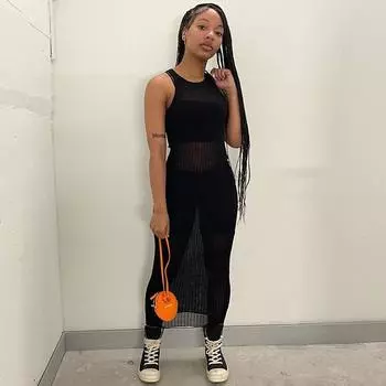 Женское весенне-летнее повседневное платье из ниток с круглым вырезом и без рукавов S чёрный