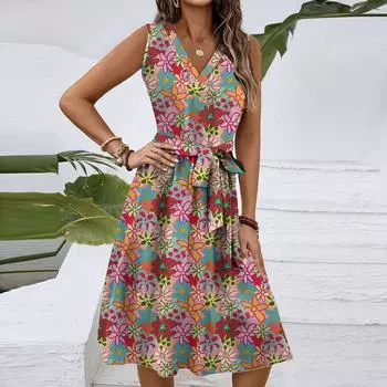 Женское весенне-летнее повседневное платье миди с V-образным вырезом без рукавов и цветочным принтом на талии XL розовый