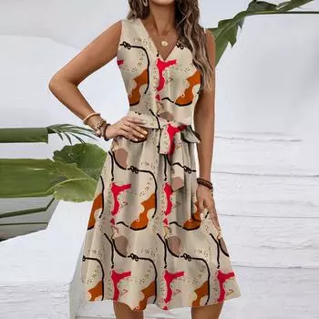 Женское весенне-летнее повседневное платье миди с V-образным вырезом без рукавов и цветочным принтом на талии S хаки