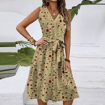 Женское весенне-летнее повседневное платье миди с V-образным вырезом без рукавов и цветочным принтом на талии L