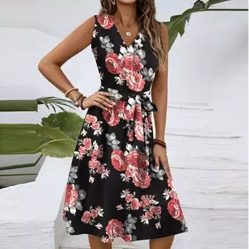 Женское весенне-летнее повседневное платье миди с V-образным вырезом без рукавов и цветочным принтом на талии XXL винный
