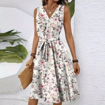 Женское весенне-летнее повседневное платье миди с V-образным вырезом без рукавов и цветочным принтом на талии XXL бежевый